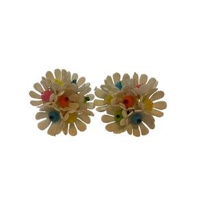 Plastic Flowers Clip Earrings Vintage Kitschy Hong Kong